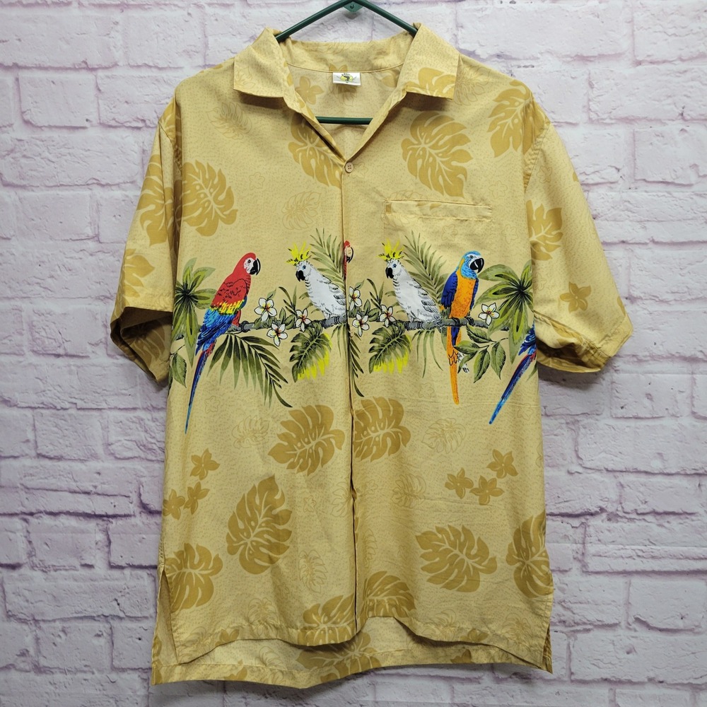 Barefoot Attitude Parrot Hawaiian Shirt Mens M Terivoile Tropical Beach Summer
